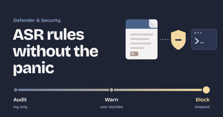 Cover for ASR rules without the panic: an Office document trying to launch a script, stopped by a shield, above a slider moving from Audit to Warn to Block.